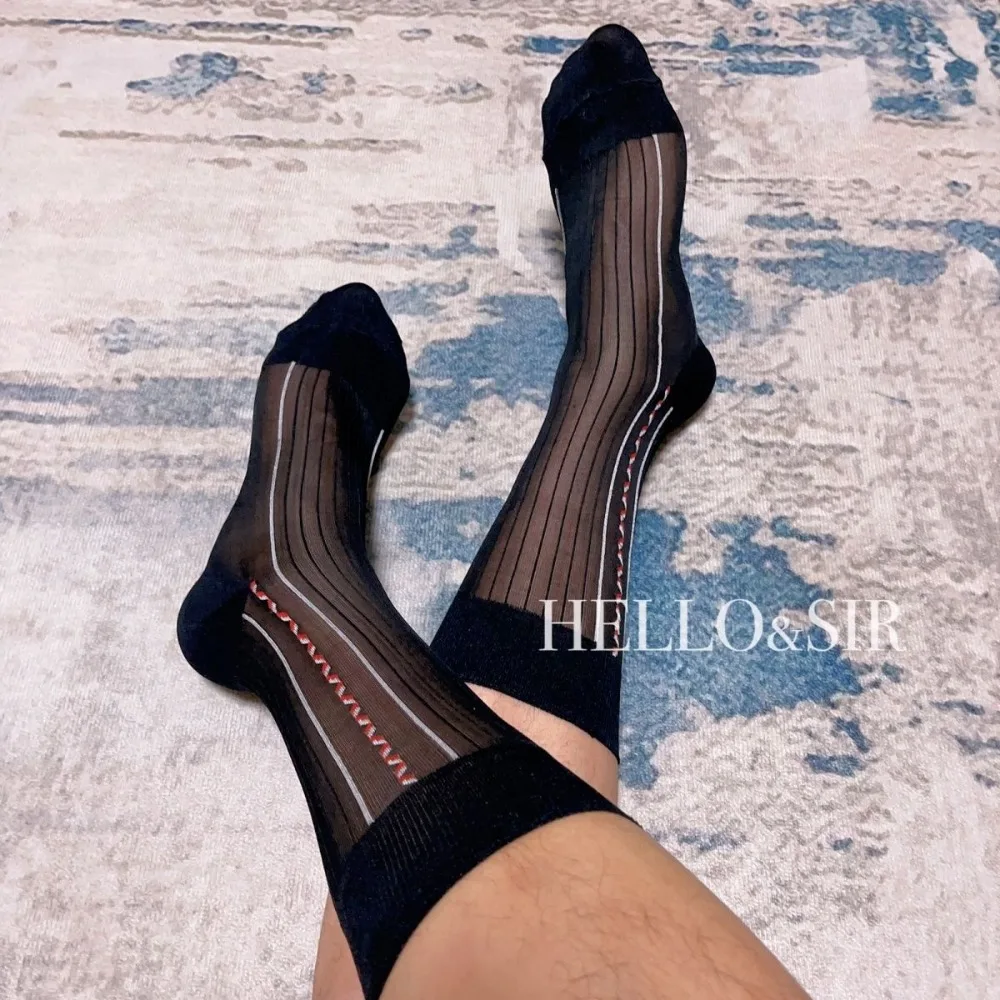 2024 Black Nylon Stockings for Men Fashion Business Formal TNT Dress Tube Socks Sexy Thin Elastic Jacquard Striped Sheer Socks