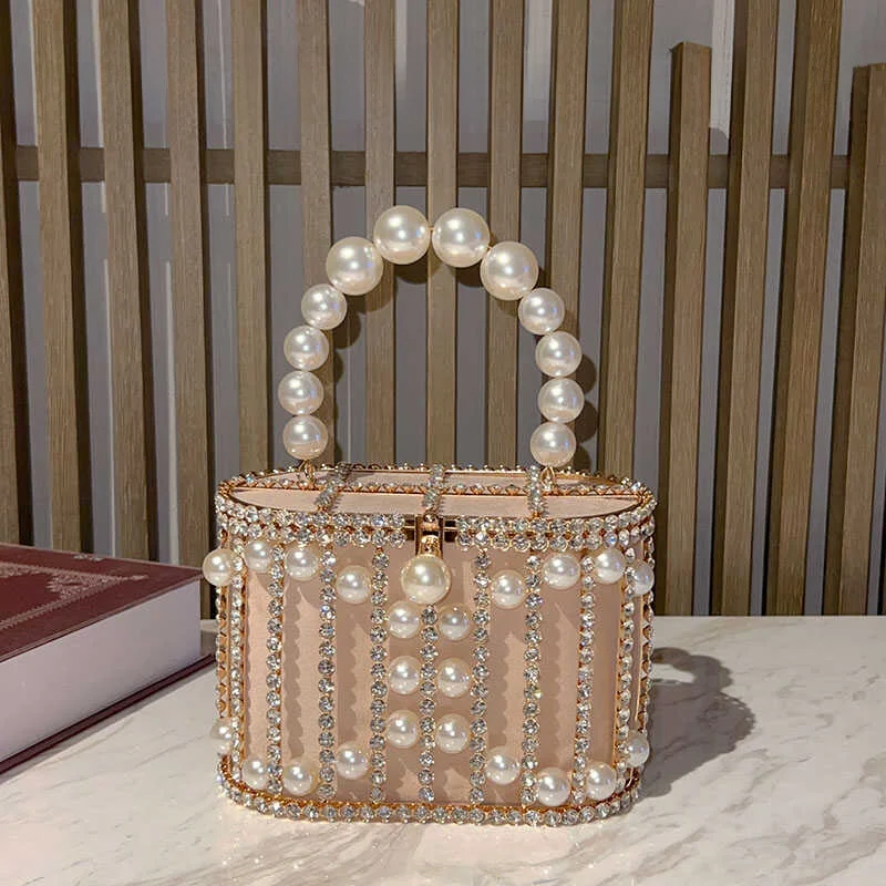 UGALS Sparkling Metal Bucket Handbag Hollow out Design Pearl Evening Diamond Flag Dress Crossbody Bag for Young Women