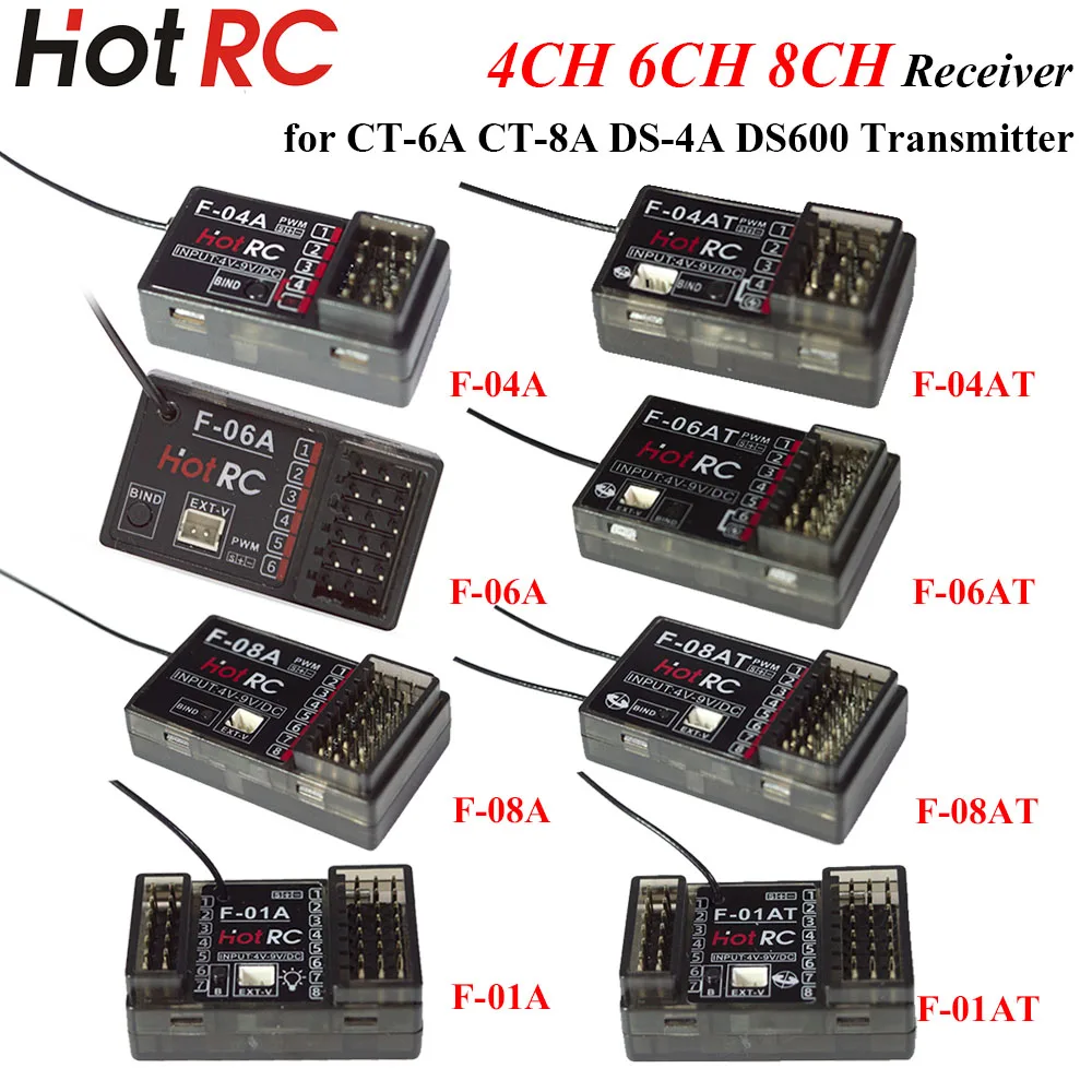 HOTRC 2.4Ghz 4/6/8 Channel F-04AT F-06AT F-08AT F-01AT PWM Light Control Gyro Receiver for RC Transmitter Car Boat Airplane Tank