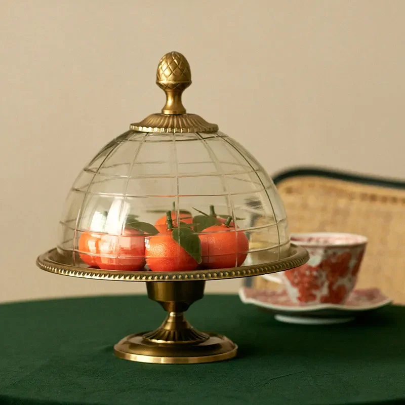 French Court Clad Ancient Brass Double Dim Sum Dessert Tray European Dining Room Glass Cake Display Tray