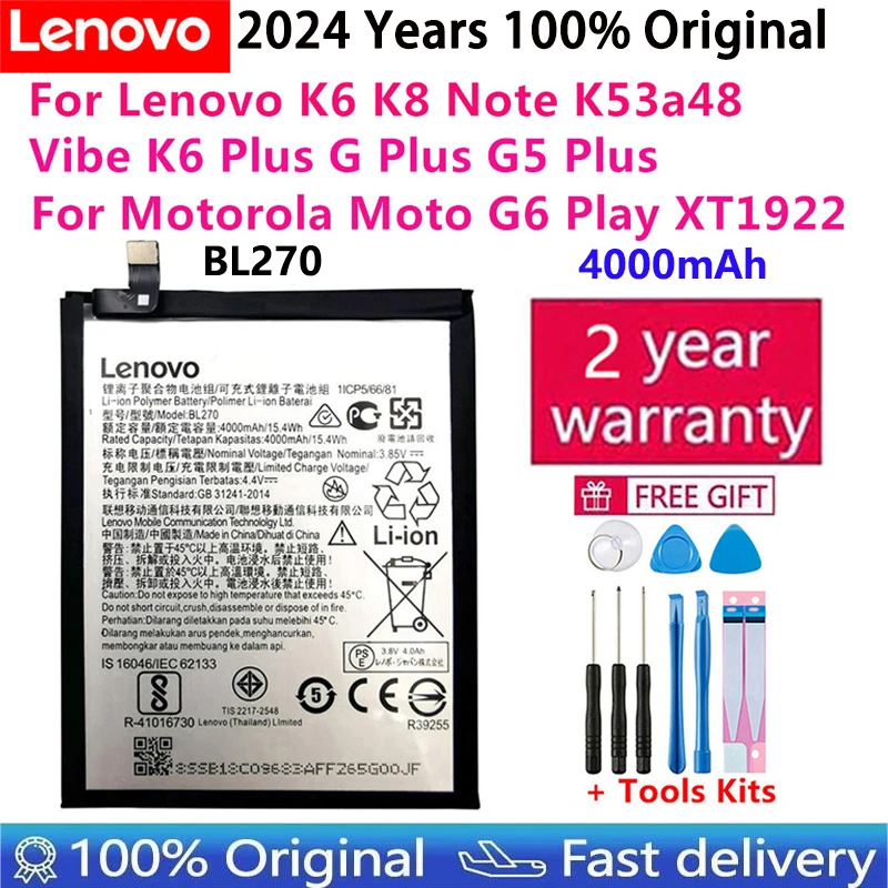 100% Original For Lenovo K6 K8 Note K53a48 Vibe K6 G G5 Plus 4000mAh BL270 Battery For Motorola Moto G6 Play XT1922 Bateria