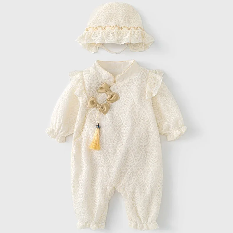 

2Piece Sets Spring Autumn Girls Clothes Chinese Style Lace Cute Bow Long Sleeve Jumpsuits Romper+Hat Baby Newborn Items BC444