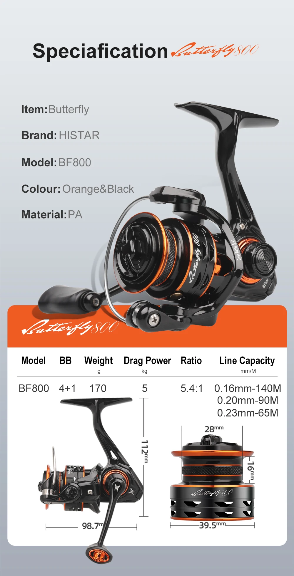 HASIDA Butterfly 800 Ultraleichte Spinnrolle 170g Mikro-Angelrolle 5+1BB 5,4:1 5KG Bremskraft für Feinfühl-Angeln – Detail 10