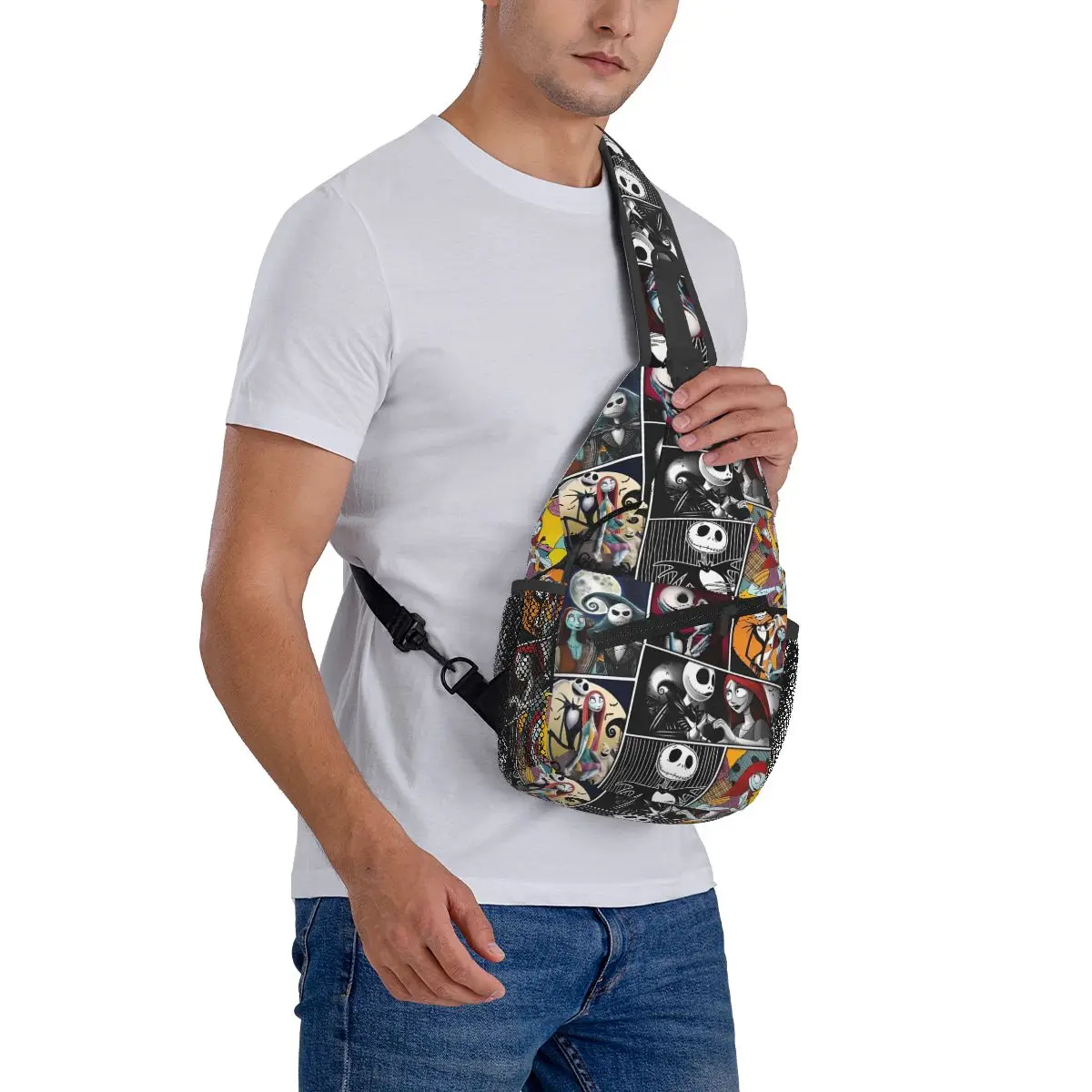 Mochila de ombro Halloween Jack Skellington Collage para homens e mulheres, sacolas de peito para viagem, mochila de caminhada personalizada, moda