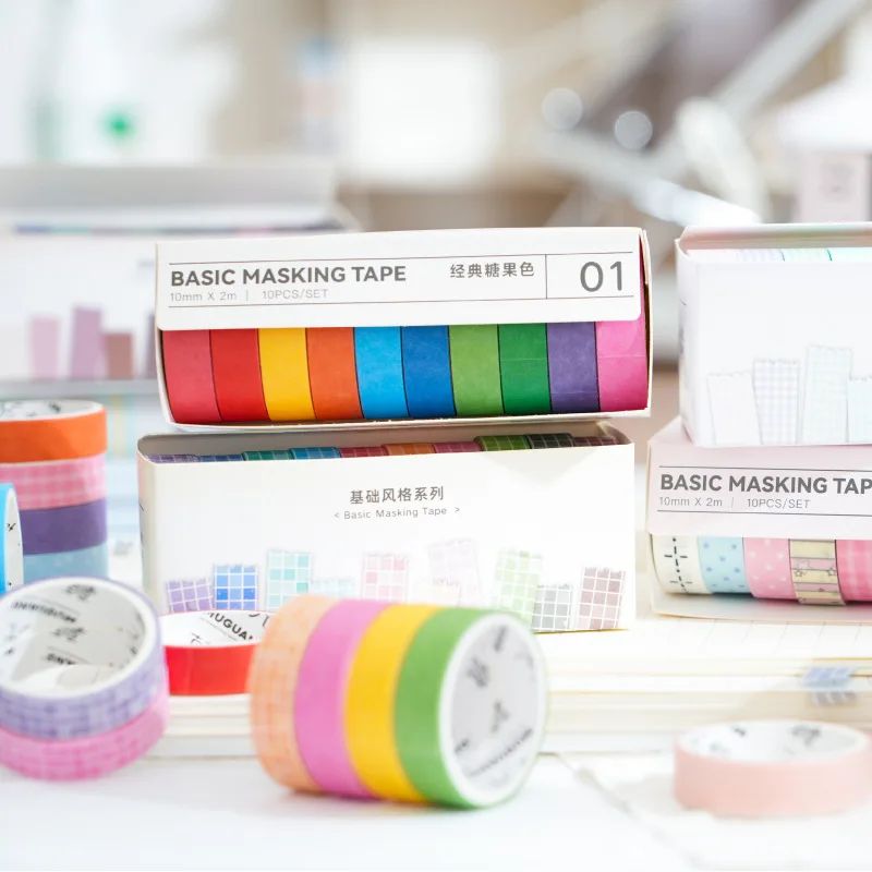10Rolls/box Candy Pastel Washi Tape Pack, Aesthetic Collage Stationery for Handcraft Scrapbook Ornament Craft Supplies
