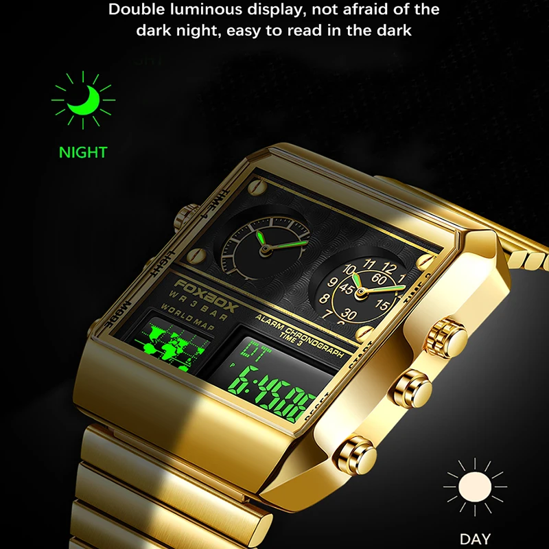 Foxbox relógios masculinos marca de luxo relógio quadrado para homens relógio de pulso quartzo moda à prova dwaterproof água dupla exibição relógio relogio masculino