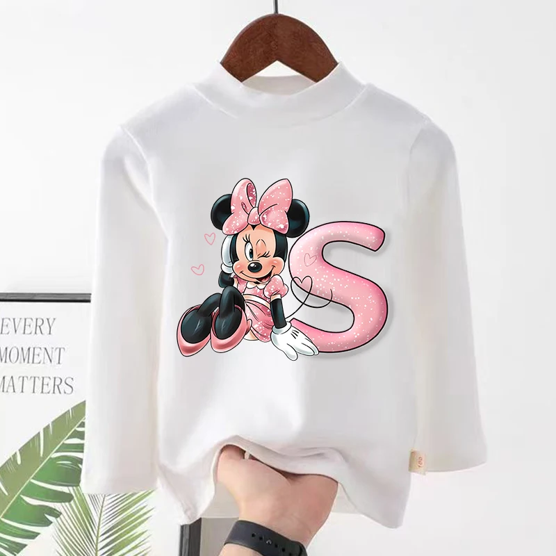 New Disney Minnie Mouse Children Tops Kawaii Cartoon Letter Graphic T-shirt Kids Casual Long-sleeved Tops Autumn Girls Clothes