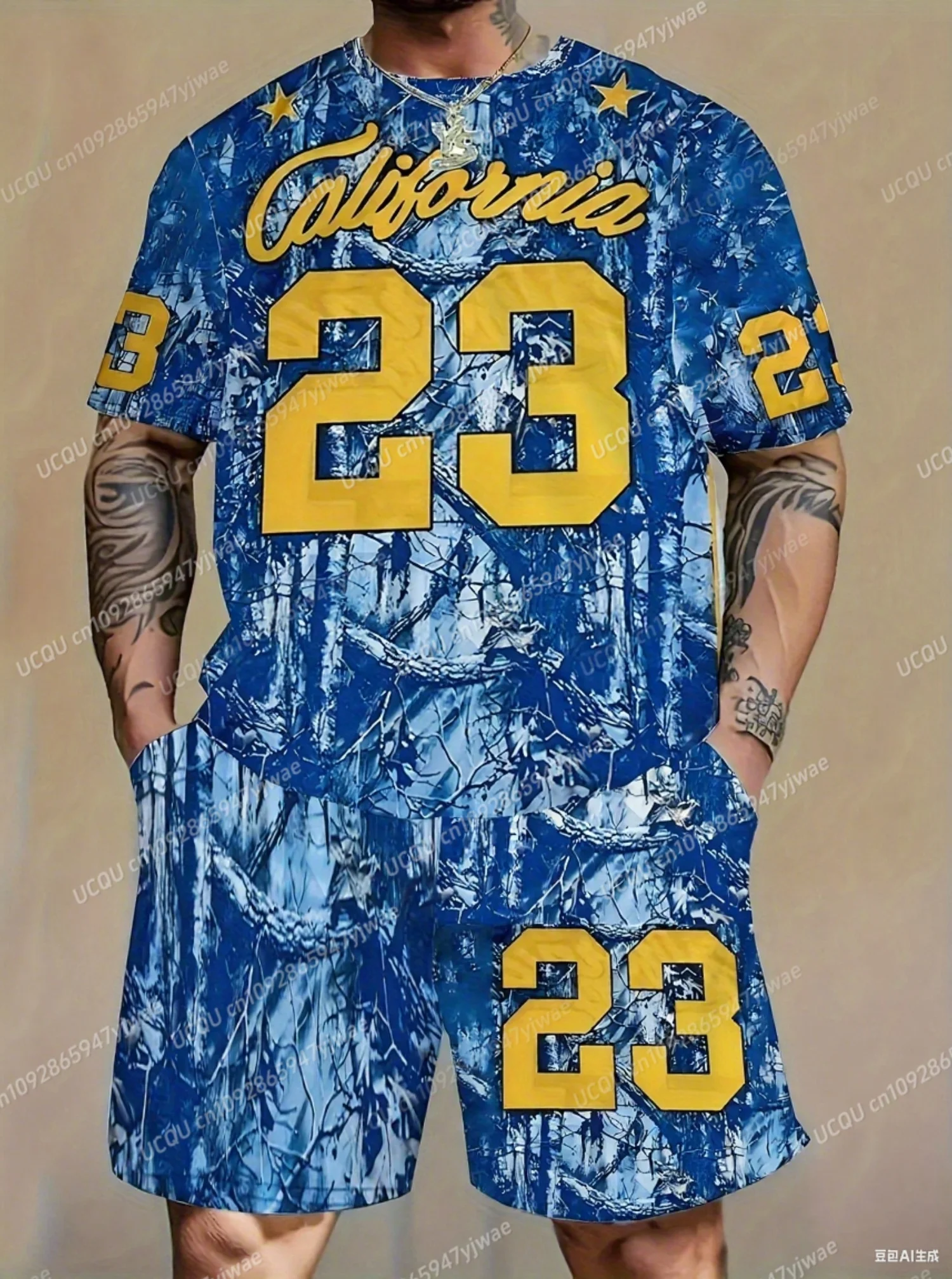 2025 Summer NO.23 California Print Men's Tracksuit 2 Pieces Set Casual Sport T-Shirt Shorts Set Men's Jogging Men Clothes