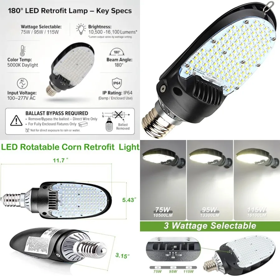 LED Shoebox Corn Retrofit Lamp, 75W/95W/115W Selectable, 5000K Daylight, Rotatable E39 Mogul Base, 500W MH Equivalent, 180° LED