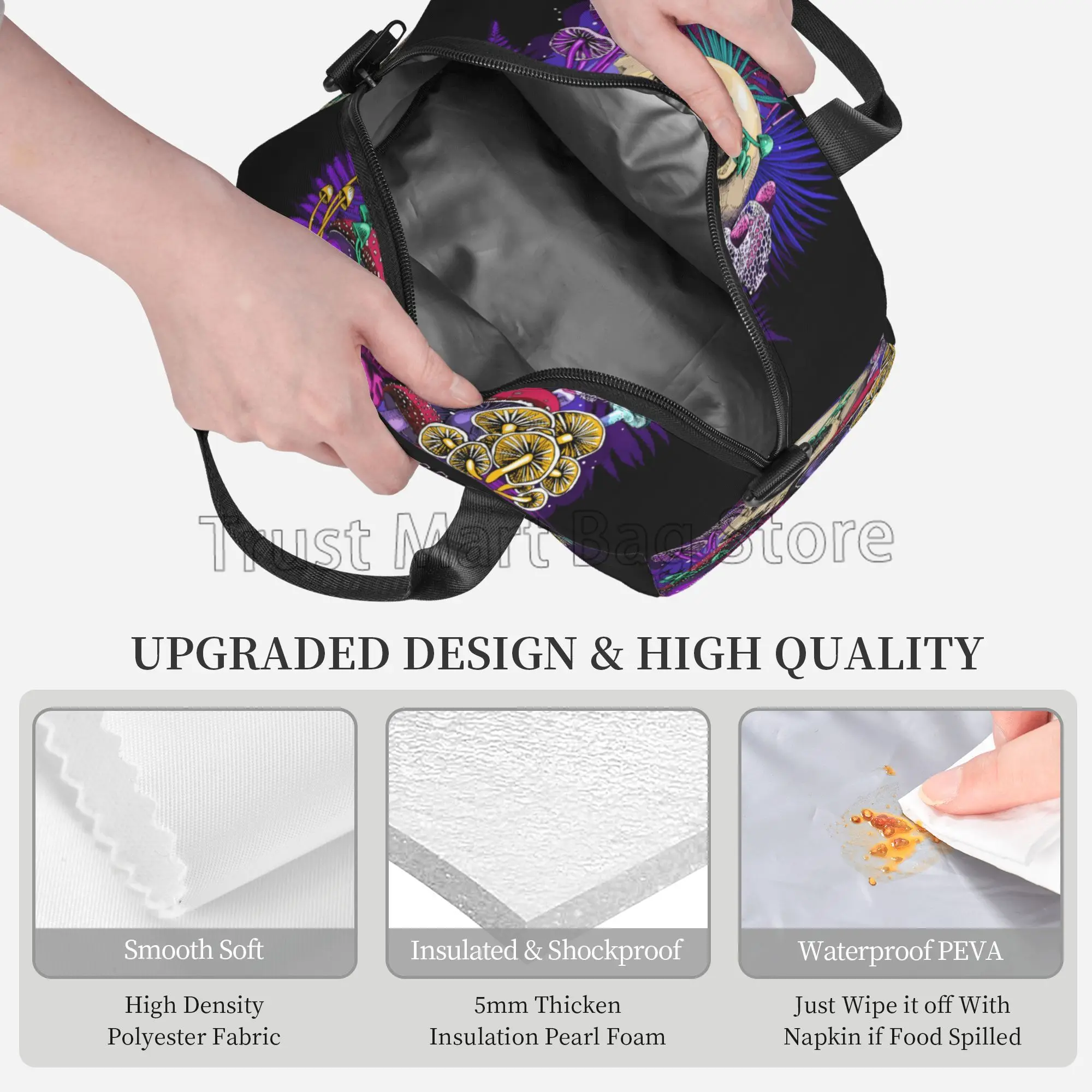 Mushroom Skull Insulated Lunch Bag for Women Men Work Resuable Portable Thermal Bento Tote Bags with Adjustable Shoulder Strap