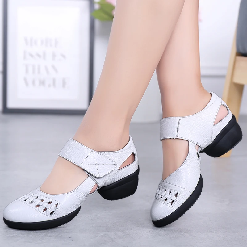 Breathable Dance Shoes Soft Bottom Leather Square Shoe Female Sailor Women Shoes Mid Heel Adult Sneakers Hook & Loop