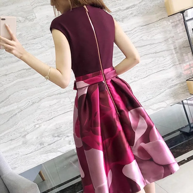 High Quality Boutique Print Women Summer Sleeveless Bow Zippler Fashion Temperment Elegant Designer Runway Party Holiday Dresses