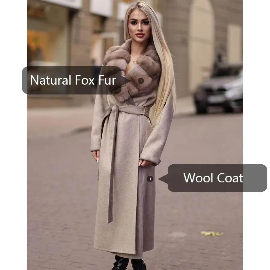 معاطف صوف نسائية مع ياقة فرو الثعلب الحقيقي معطف شتوي دافئ طويل من قماش الكشمير معاطف مزيج صوف فاخرة عالية الجودة