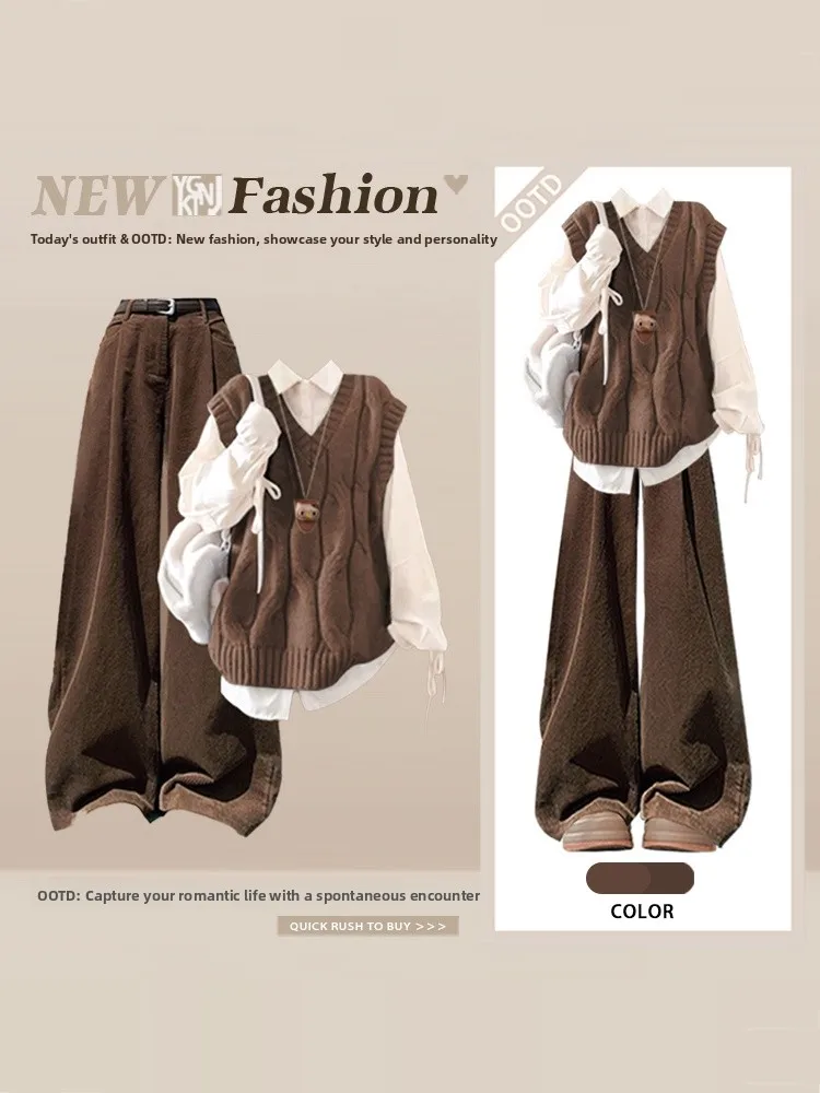 Color Blo lavorato a maglia irt e gilet Set casual sciolto Sle Winter Faion Tee Piece Ensemble da donna Pantaloni lunghi a vita alta