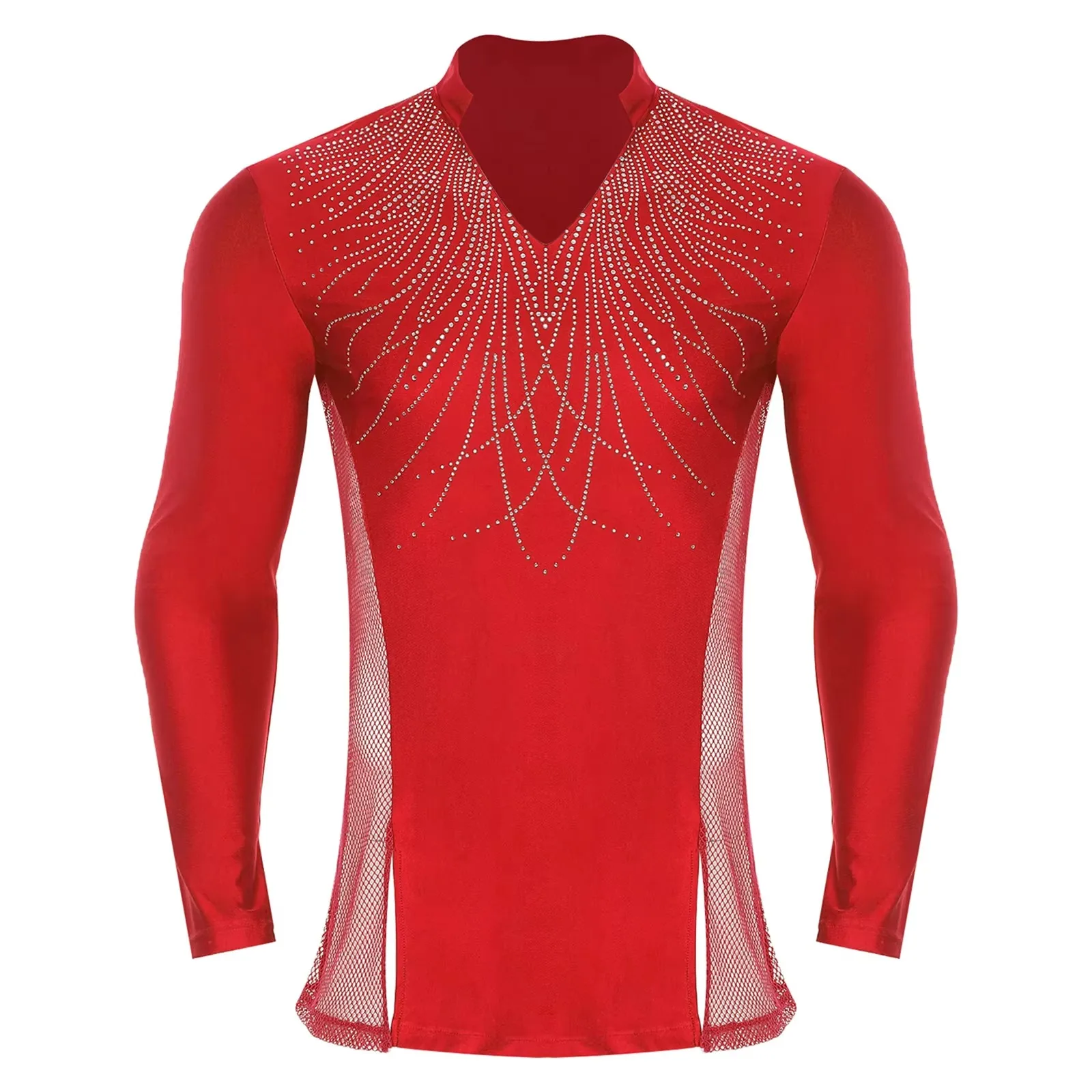 Mens Gymnastics Latin Salsa Rumba Ballet Dance Top Glittery Rhinestones Split T-shirt Top Gymnastics Skating Performance Costume