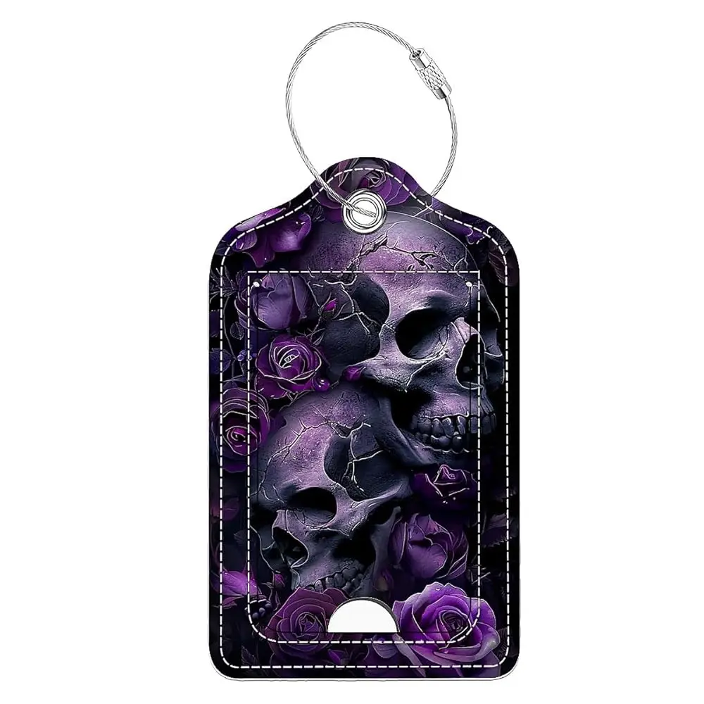 

Free ShippingLuggage Tags,Purple Skull Rose Design, Double-Sided Privacy Cover ID Labels with Stainless Steel Loop and Address C
