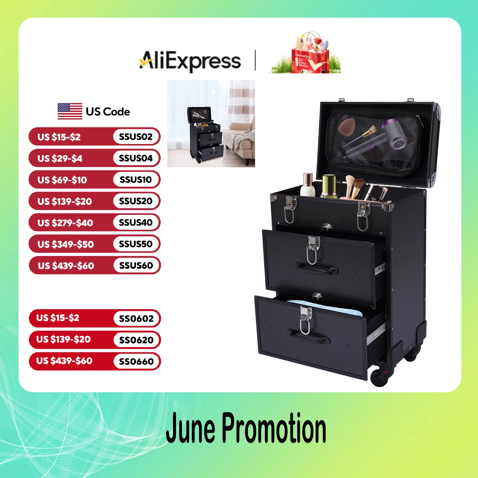 

3-слойный чемодан на колесиках с разделителями, рамка из алюминиевого сплава, запираемая косметическая тележка большой емкости для дизайна ногтей, черный