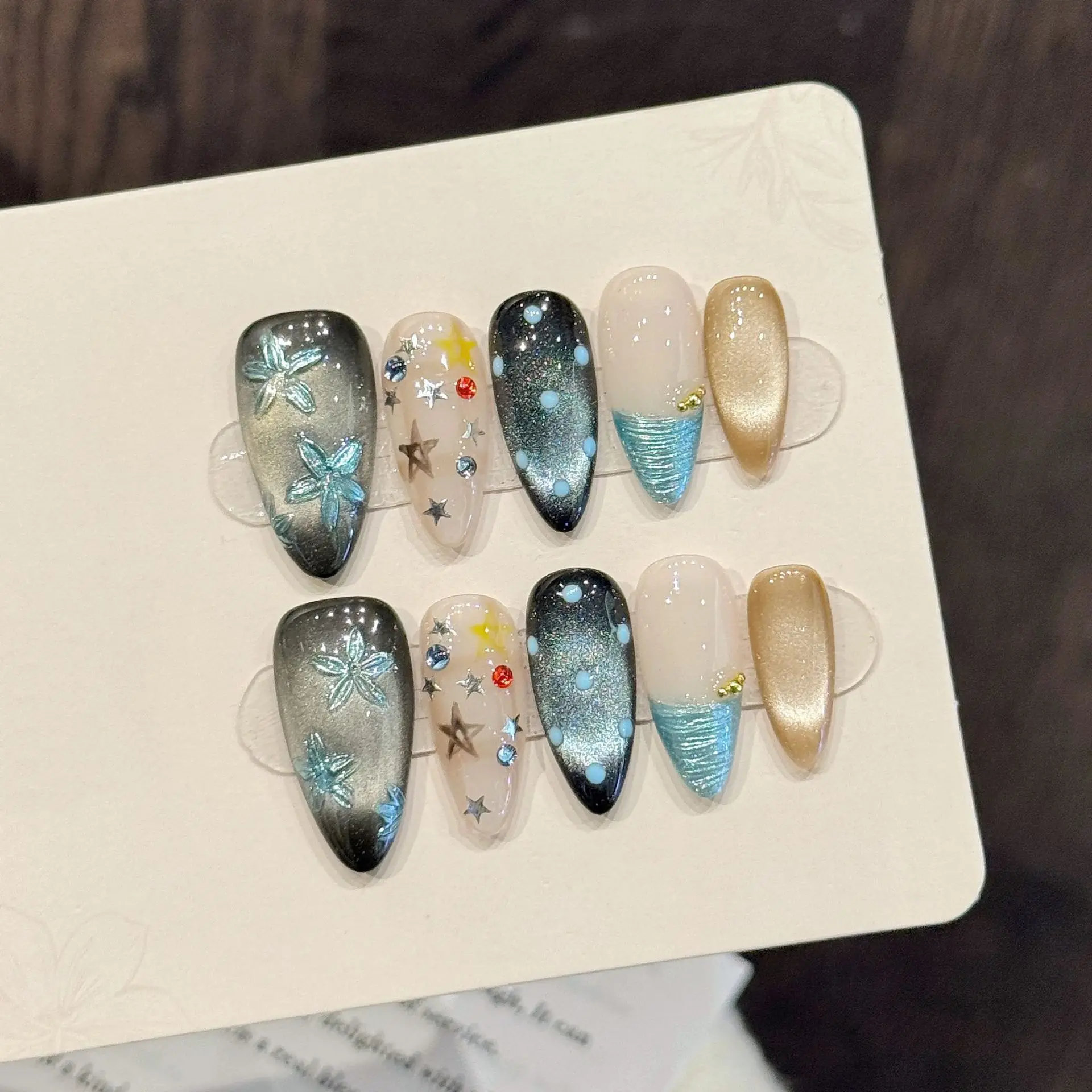10pcs Deep Blue Cat's Eye Handmade False Nails Hand-painted Flower Star Point Design Press On Nail Almond French Style Fake Nail