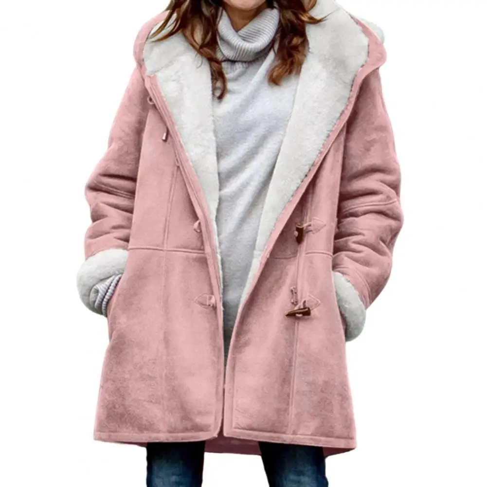 

Women Coat Hooded Plush Long Sleeve Windproof Buttons Loose Pockets Jacket Fall Winter пальто женское