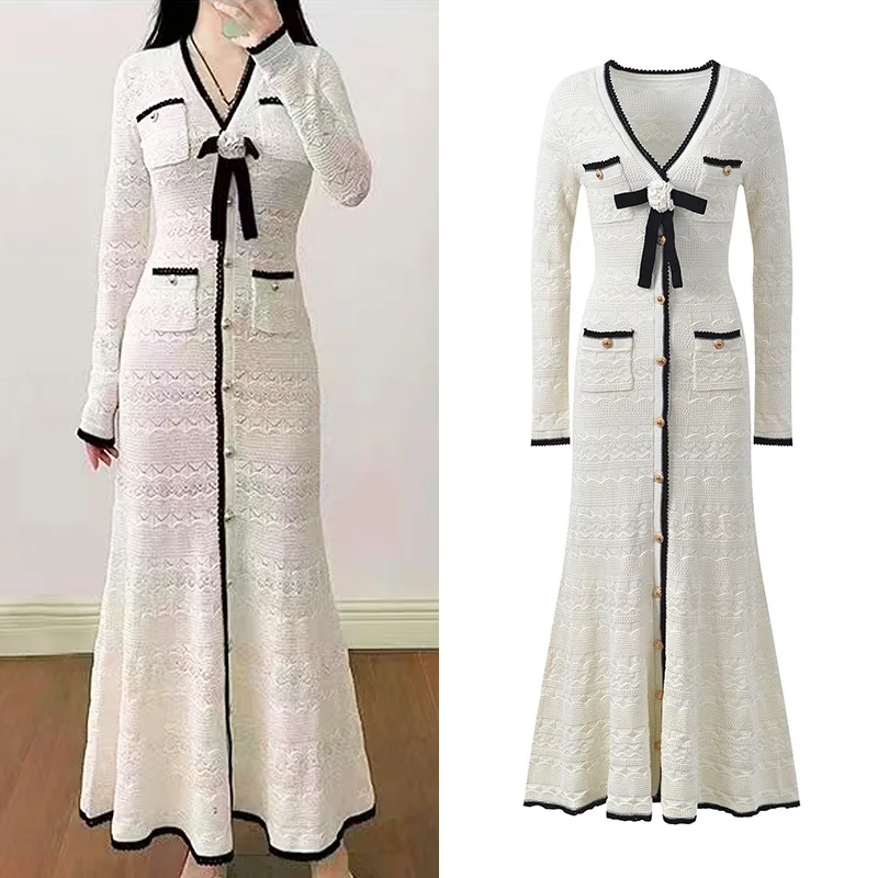 ZJYT Autumn Fashion Women's Knitted Sweater Dresses Long Sleeve Color Block 3D Floral White Midi Party Evening Dress Elegant - view 2
