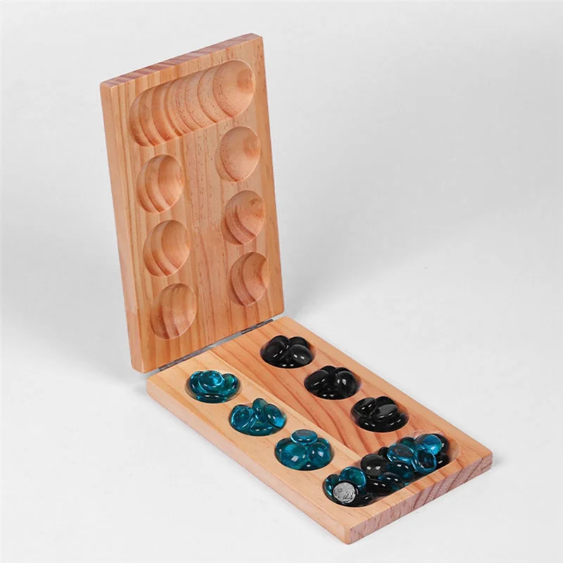B78B-Foldable Wooden Mancala Board Game For Ages 7+ Multi-Color Beads Classic Strategy Game For Family, Party, And Travel