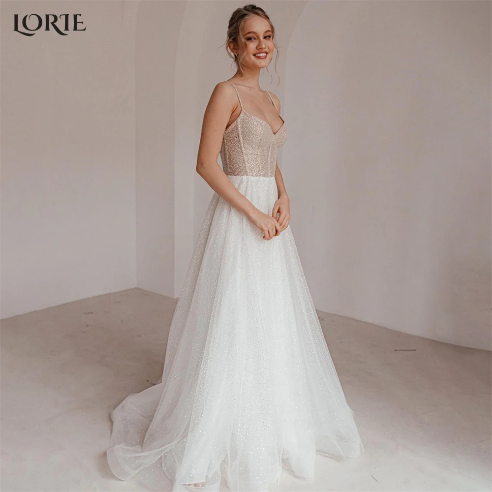 

LORIE Glitter Elegant Wedding Dresses Spaghetti Straps V-Neck A-Line Shiny Bridal Gowns Backless Sparkly Princess Bride Dress