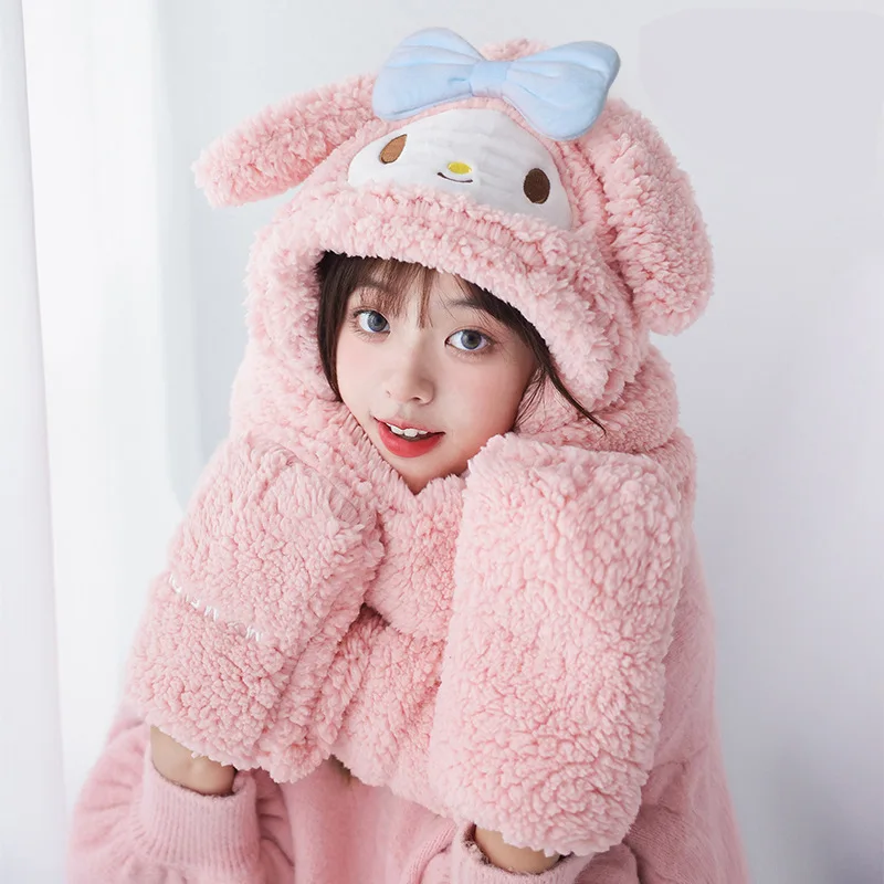 Kawaii Sanrio Kuromi Hello Kitty My Melody Plush Soft Scarf Hat Glove Anime Winter Windproof Warm Scarf Set Girl Winter Cap Gift