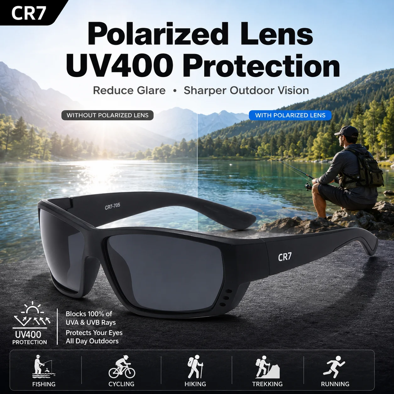 CR7 Polarized Sports Sunglasses UV400 Anti-Glare Windproof Eyewear Unisex for Cycling Fishing Running Hiking Climbing Outdoor
