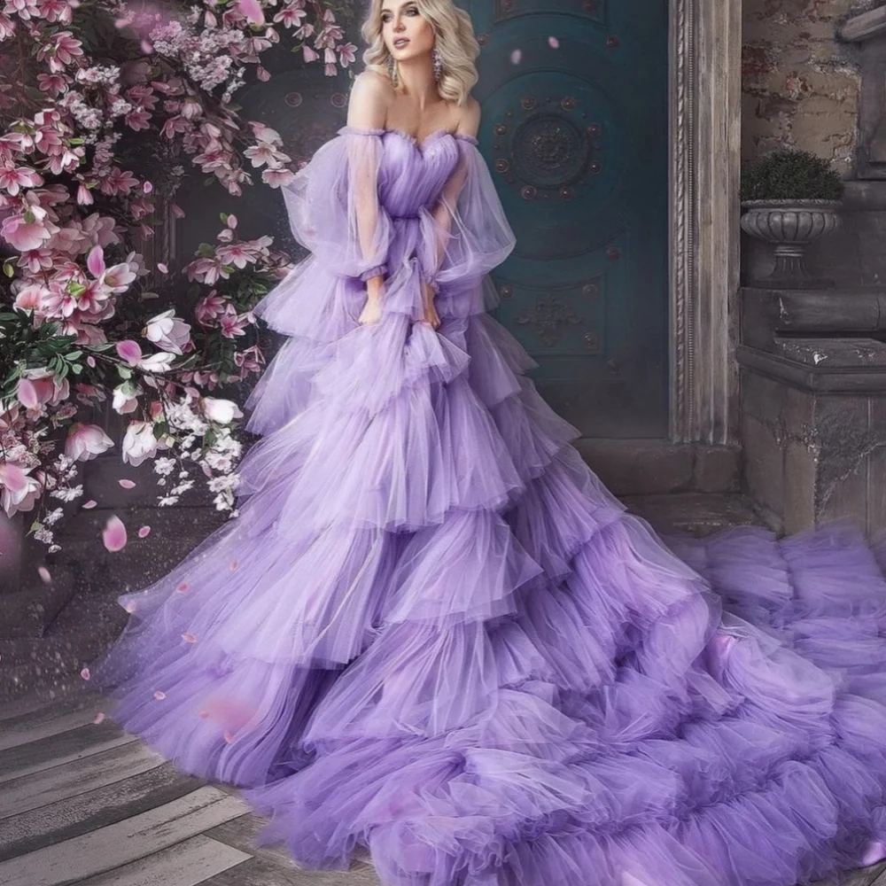 Annie Lavender Purple Prom Dresses Puff Sleeve Tulle Multi-layer Evening Dress فساتين السهرة Wedding Formal Occasion Party Dress