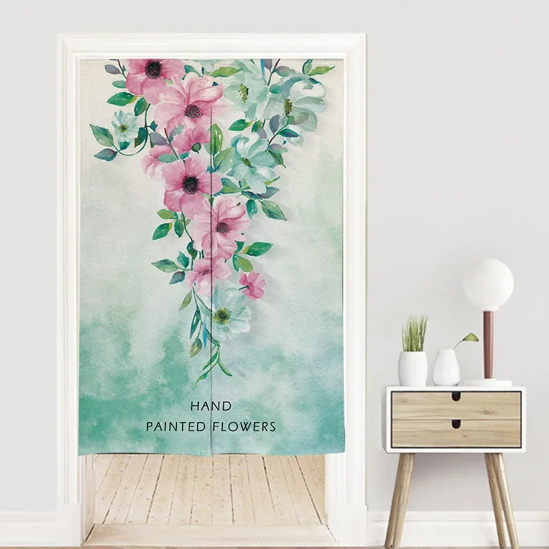 Hand Painted Flowers Leaves Door Curtain Bathroom Partition Curtains Noren Curtain Living Room Kitchen Entrance Doorway Curtains