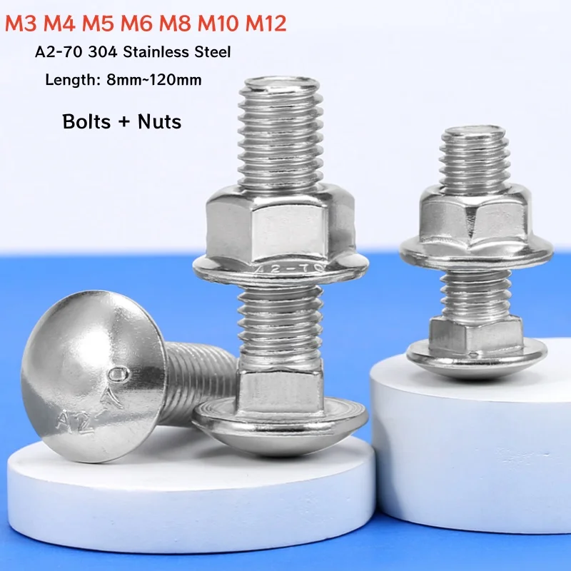 2~30set M3 M4 M5 M6 M8 M10 M12 A2-70 304 Stainless Steel Truss Round Head Square Neck Carriage Screw Coach Bolt With Flange Nuts