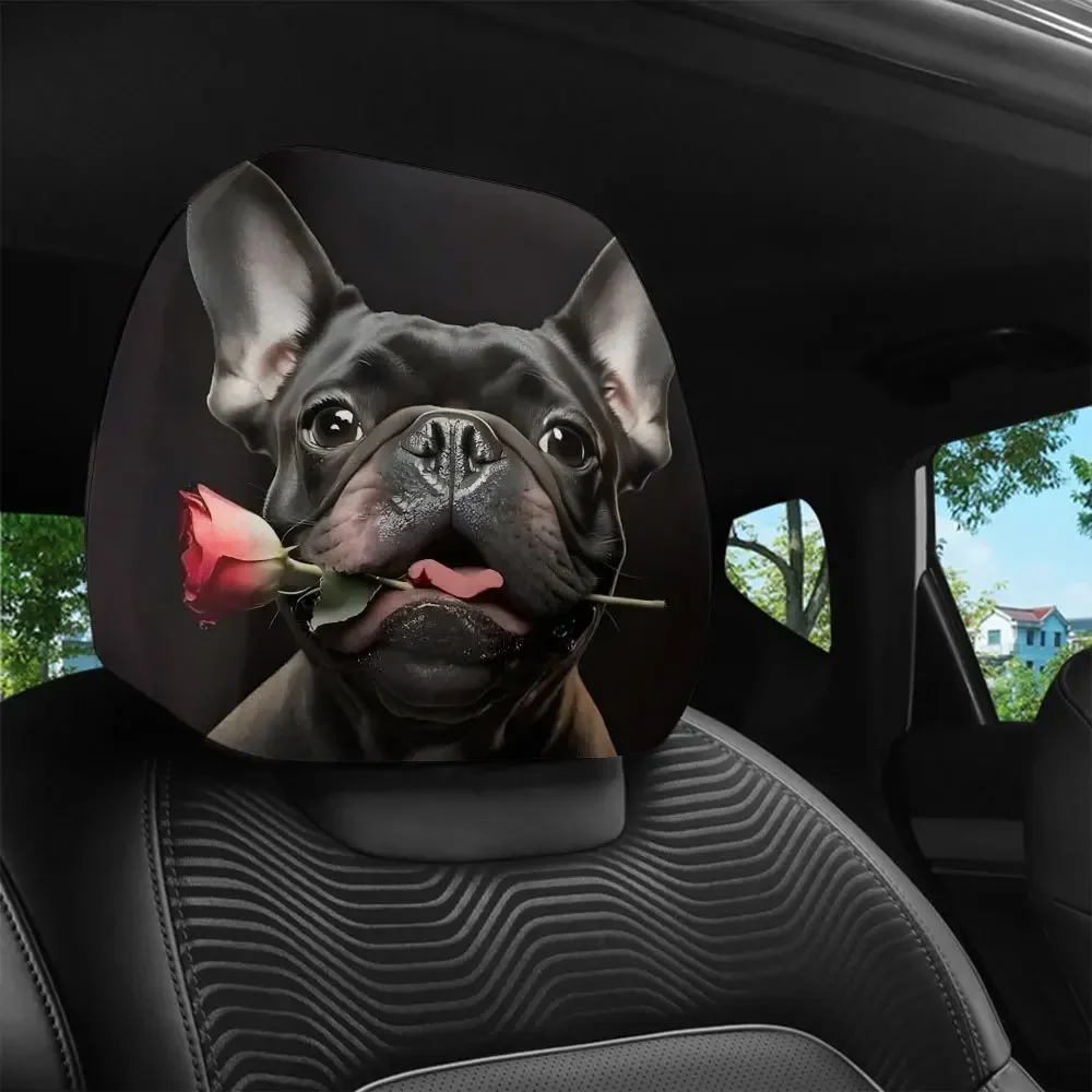 2PCS French Bulldog Rose Car Headrest Covers Washable Car Decoration Relieve Driving Fatigue Seat Protection