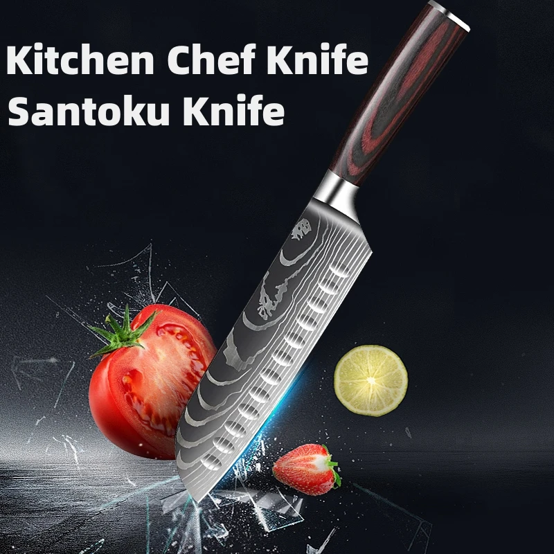 Damascus Kitchen Knives Japanese Santoku Knife Professional Chef\'s Knife Meat Cleaver 7CR17 Stinless Steel Boning Cooking Knife