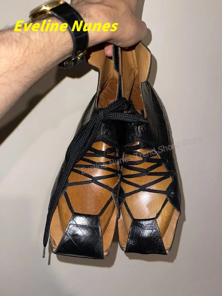 Vintage Black Croc-Effect Summer Gladiator Square Toe Chunky Heels Cut Out Patchwork Women Lace Up Sandals Punk 2026 Streetwear