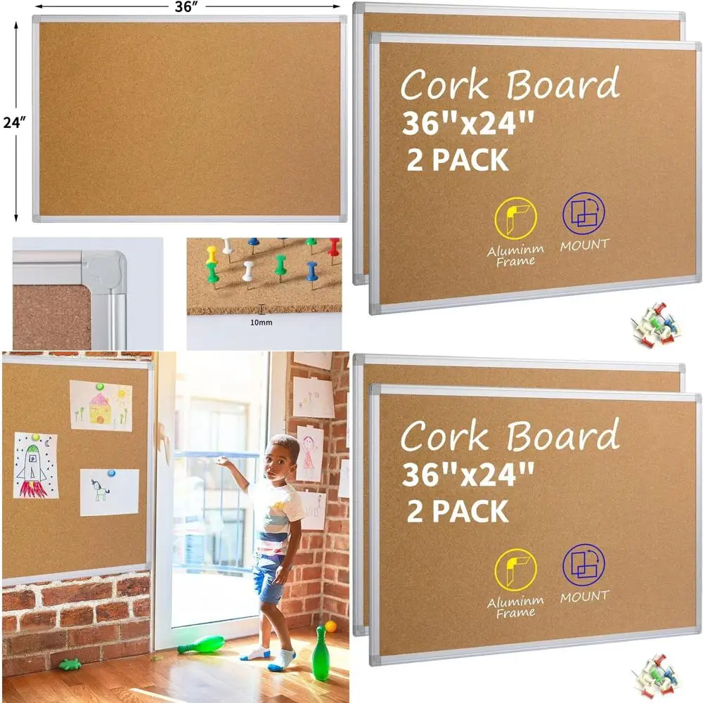 عبوة مزدوجة من ألواح الفلين المؤطرة المصنوعة من الألومنيوم الفضي، مقاس 36 × 24 بوصة، لوحات رسائل مثبتة على الحائط للمنزل والمكتب