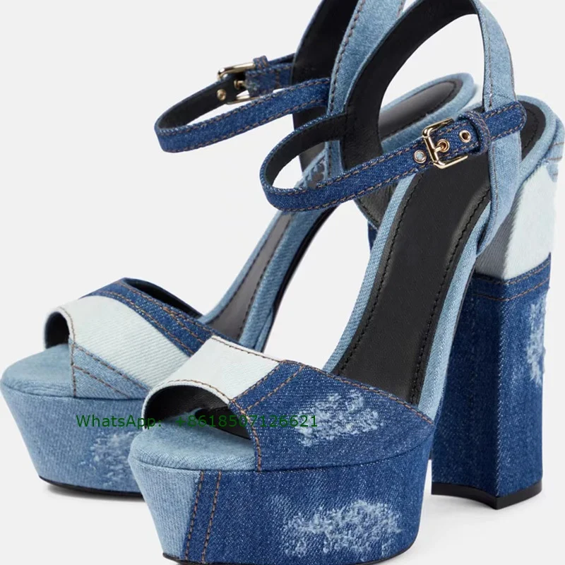 New Fashion Denim Matching Color Peep Toe Sandals Buckle With Thick Bottom Super High Heel Large Size Shoes For Women