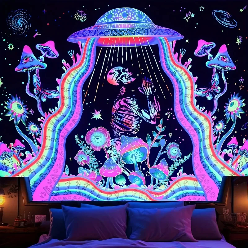 VIKAMA UV Reactive UFO Skeleton Tapestry, Blacklight Trippy Mushroom & Alien Ship Wall Hanging for Psychedelic Room