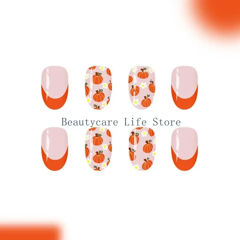 652C 24Pcs Thanksgiving Fake Nail Featuring Pumpkin Flower Motif French Style No Tools