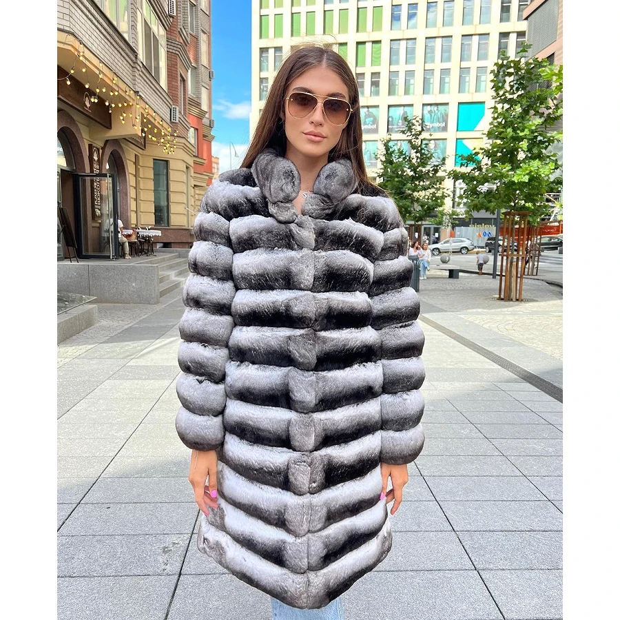 Natural Rex Rabbit Fur Jackets For Women Fur Jacket Real Rabbit Fur Coat With Stand Collar Mid-Length Outerwear