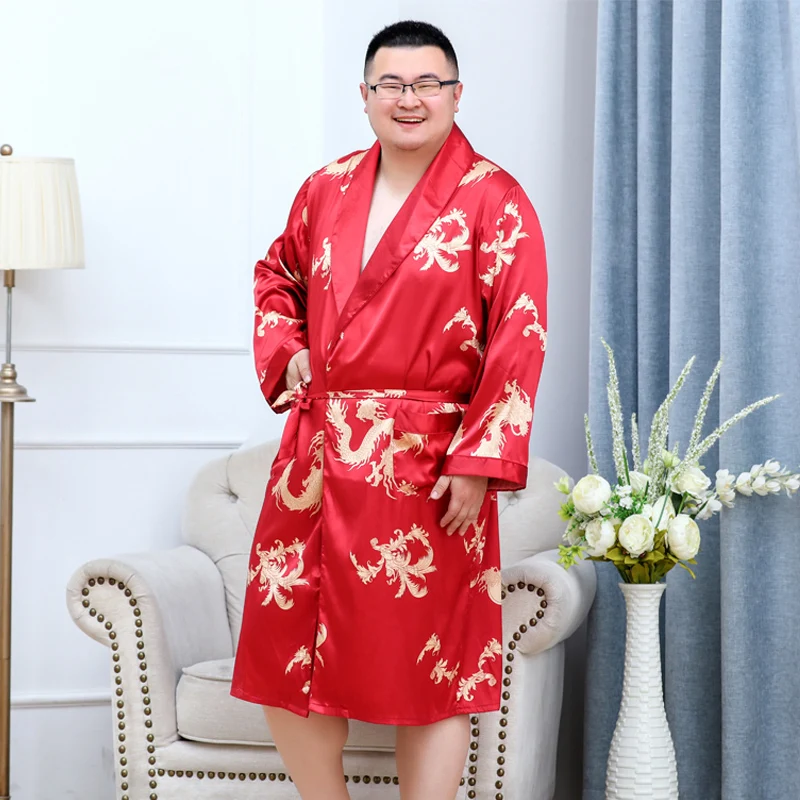 Plus Size 5XL Kimono Robe Luxury Men\'s Silky Long Sleeve Dragon Printing Dressing Gown Bathrobe Sleeprobe Male Lounge Home Wear