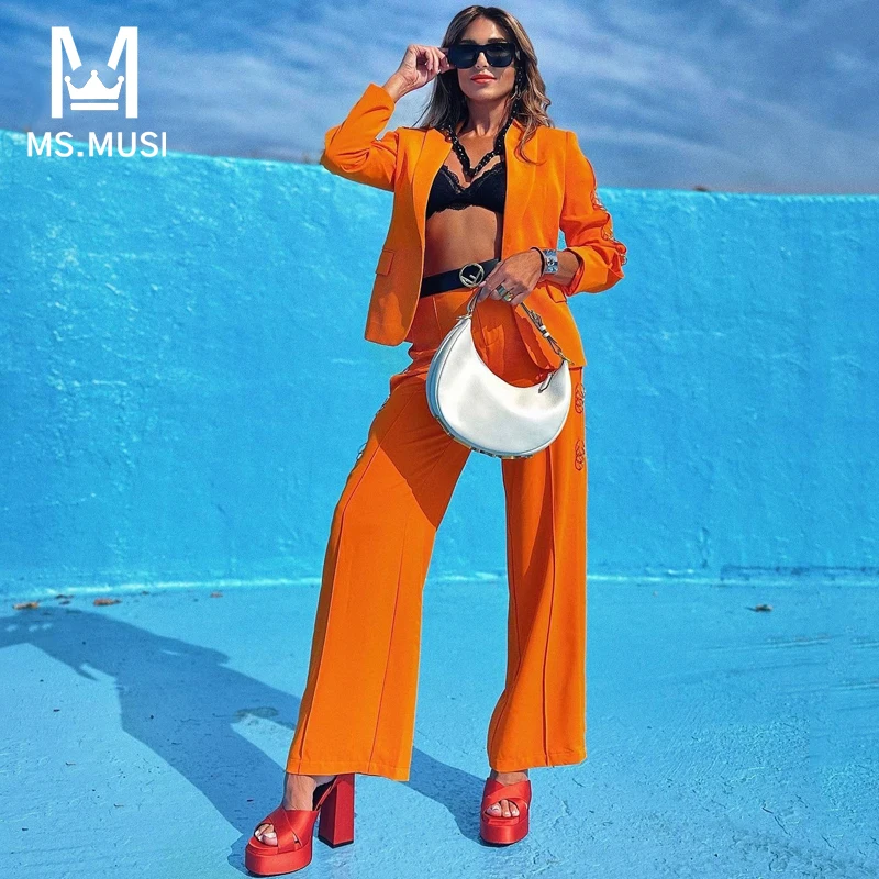 

MSMUSI 2023 New Fashion Lady Sexy Metal Becket Two Piece Set Bodycon Party Turn Down Collar Blazer Top Flared Long Pant Set Suit