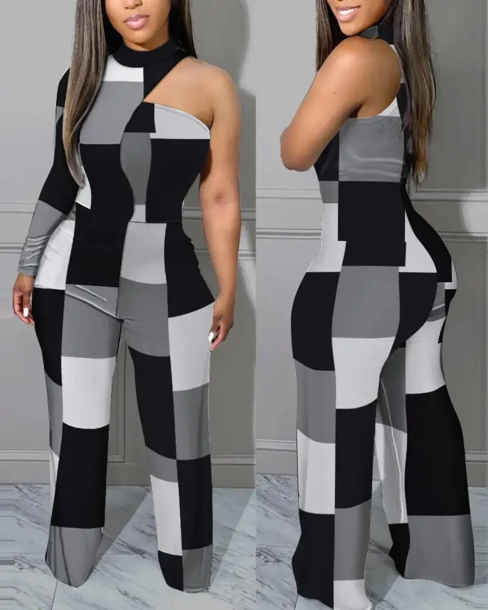 

Women's Off Shoulder Single Sleeve Wide Leg Jumpsuit, Color Contrast Print, Sexy, Autumn Fashion, 2022