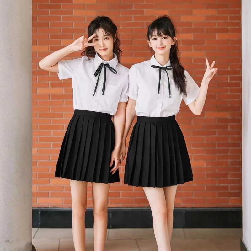 

EBAIHUI Summer Preppy Style Japanese Uniform Shirt JK Pleated Skirt Set Short Sleeve Blouse Women's Top