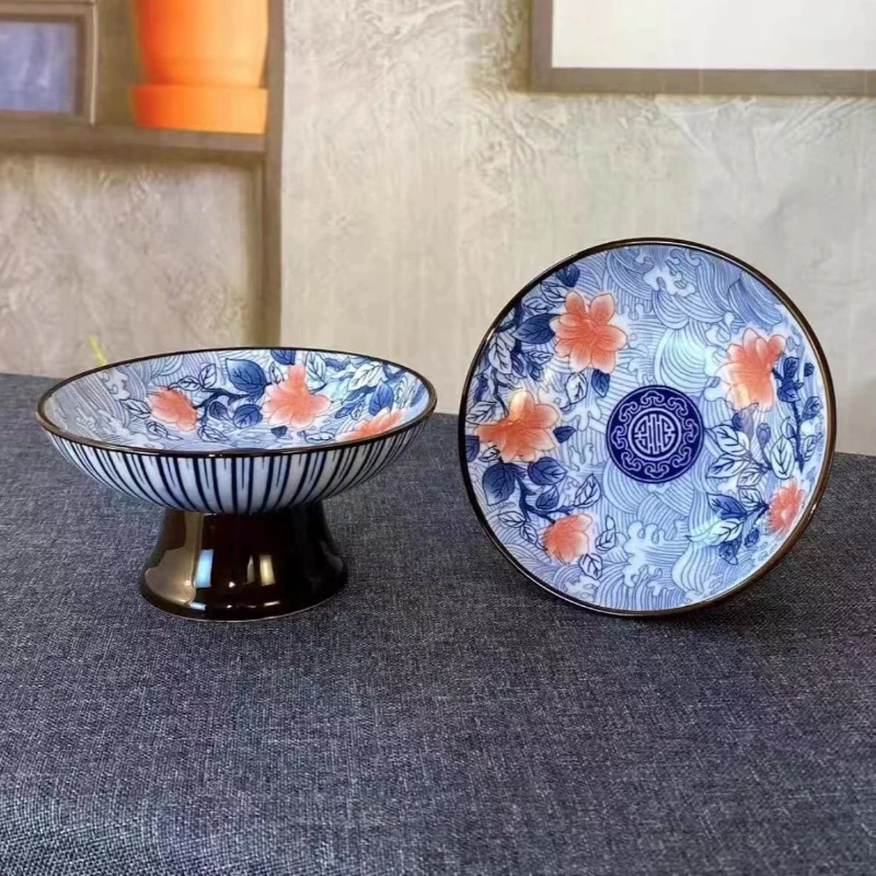 Retro Blue and White Chinese Tea Cake Tray High Foot Fruit Plate Saucer Chinese Snacks Pastry Dried Fruit Bowl Ceramic Tray