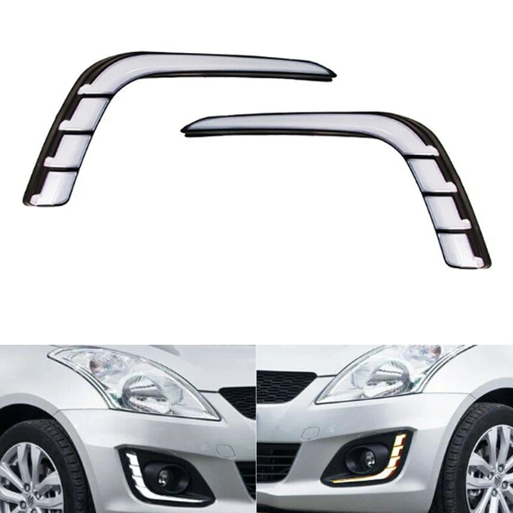 2 قطعة أضواء الجري النهاري LED DRL للسيارة لسوزوكي سويفت 2014-2016 - إشارة دوران صفراء + غطاء مصباح الضباب، سهل التركيب