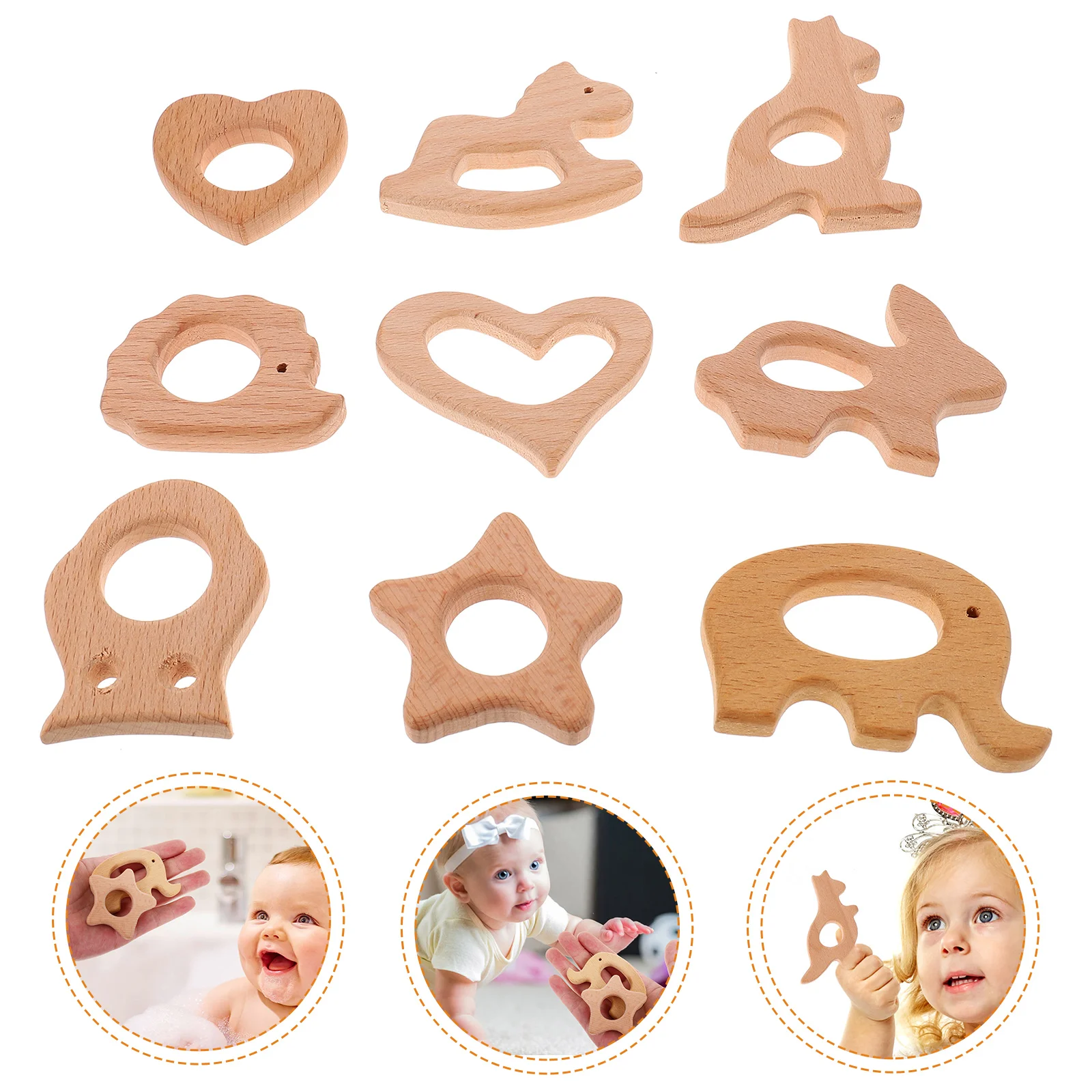 9 Pcs Toys Natural Teething Teether Rings Animal Wooden Beech Infant