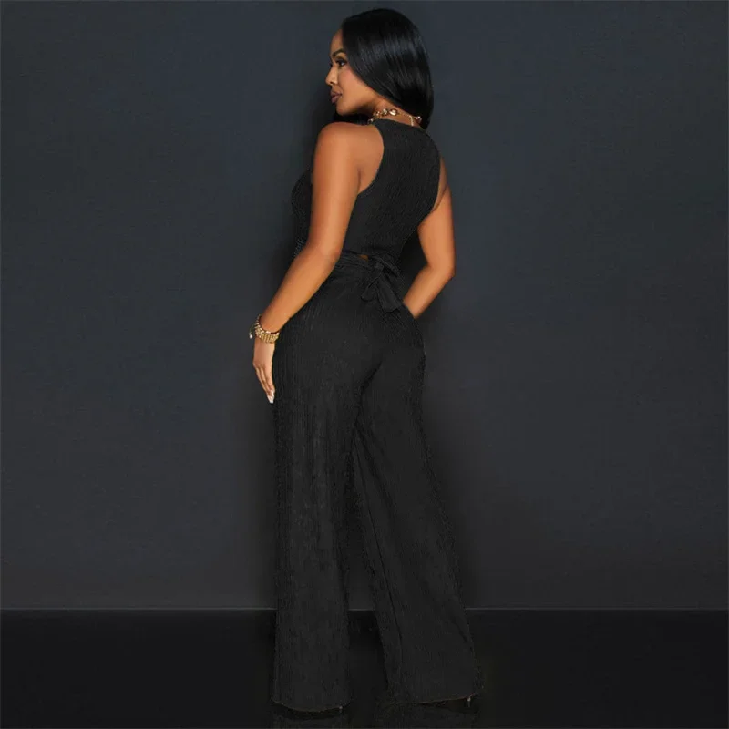 Solid Elegant 2 Piece Sets Women Outfit Summer Clothes Sleeveless Lace-up Crop Top and Wide Leg Pants Matching Sets Ensemble