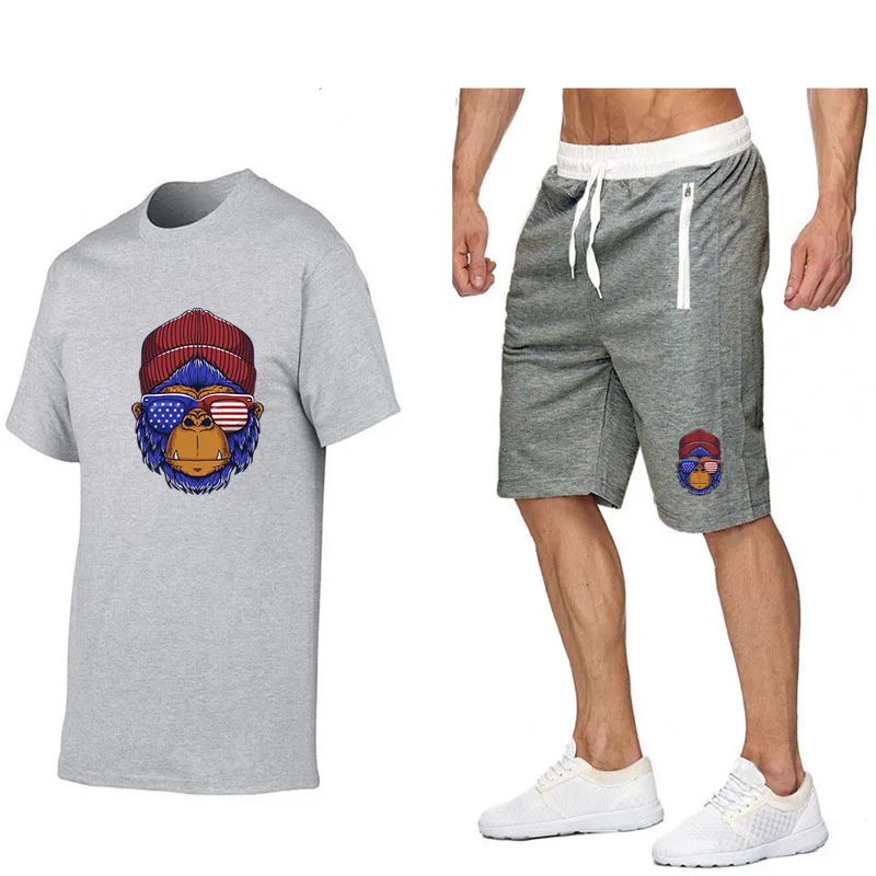 

New in Summer Short Set for Men Cotton Gorilla Print T Shirt Shorts 2 Piece Mens Outfits Jogger Sportswear Fitness Sport Suits