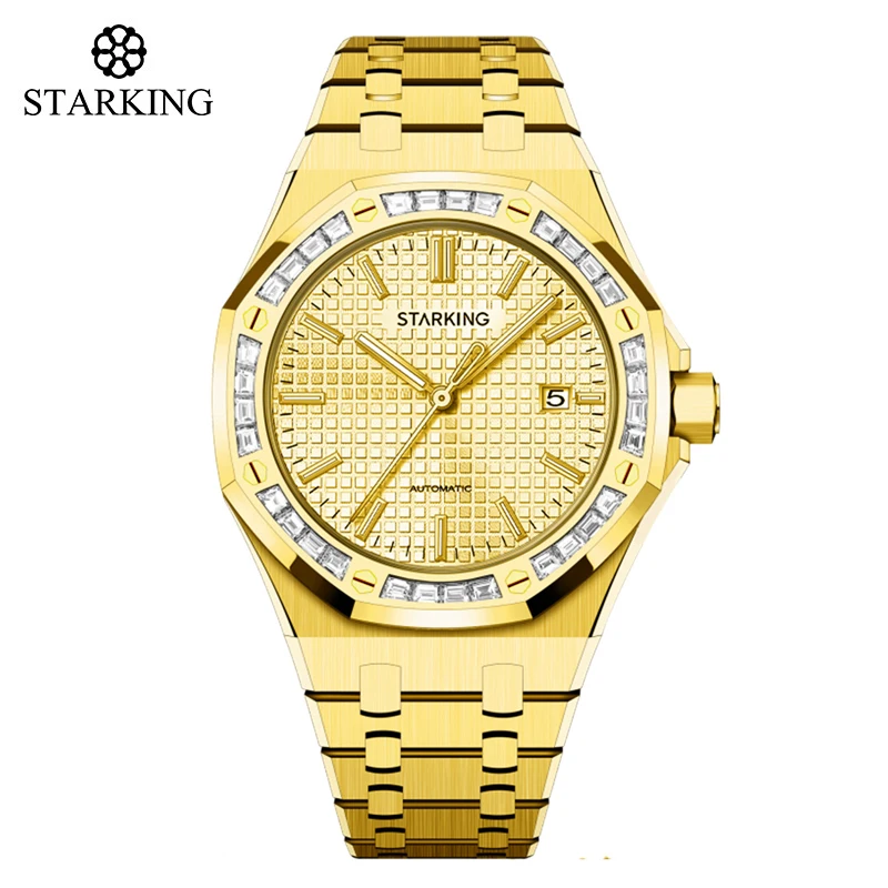 STARKING Brand Luxury Gold Mechanical Watch for Men Stainless Steel 50M Waterproof Calendar Fashion Mens Watches Reloj Hombre