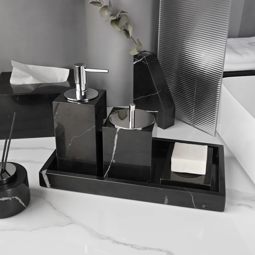 Black Nero Marquina Marble Bathroom Set Luxury Soap Dispenser Soap Dish Aromatherapy Bottle Vase Tissue Box Bathroom Accessories